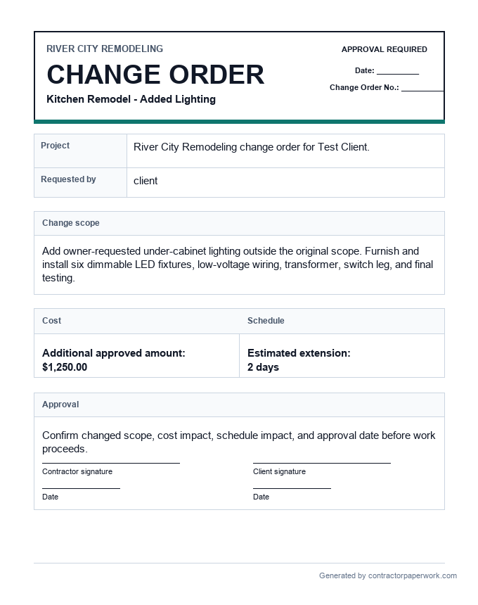 Free construction change order template PDF preview with scope, cost, schedule, and approval sections